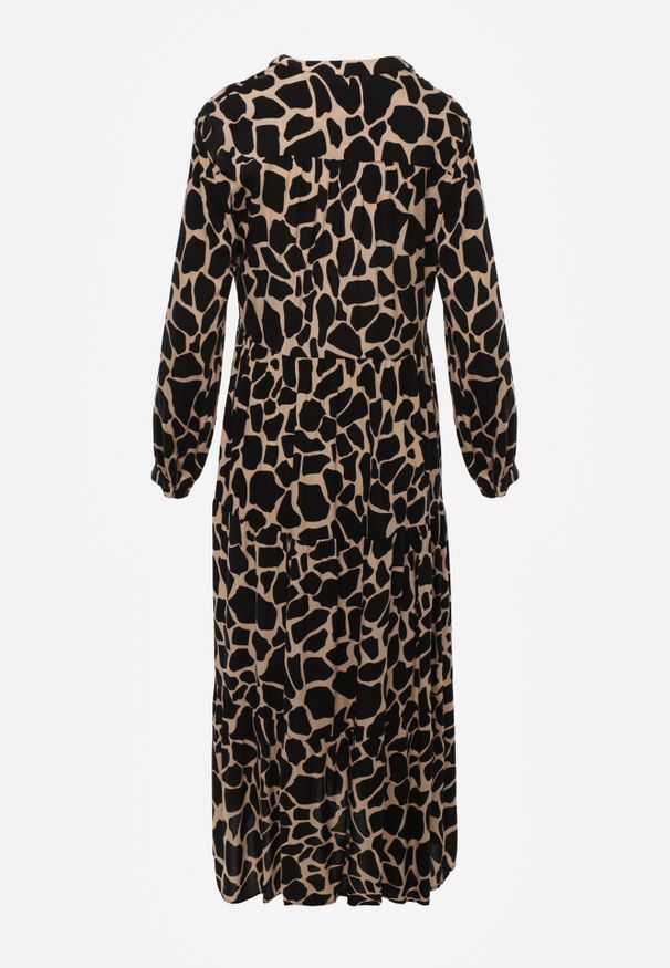 Born2be - Czarno-Beżowa Sukienka Argope. Typ kołnierza: dekolt w serek. Kolor: beżowy. Wzór: nadruk. Styl: klasyczny. Długość: midi