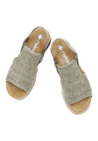 Sandały damskie Rieker, cholewka z materiału tekstylnego o plecionej strukturze odkrytą piętą na lekkiej platformowej podeszwie, zielone, 62741-52. Kolor: zielony. Materiał: materiał #3