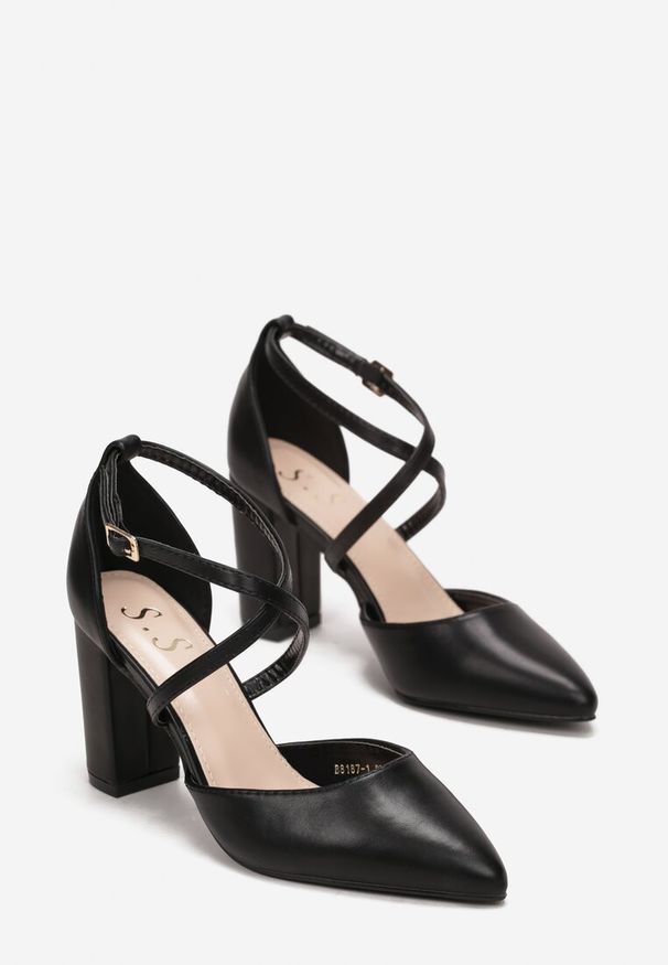 Born2be - Czarne Czółenka na Słupku ze Sprzączką Kayloni. Zapięcie: sprzączka. Kolor: czarny. Materiał: jeans. Obcas: na słupku. Styl: elegancki