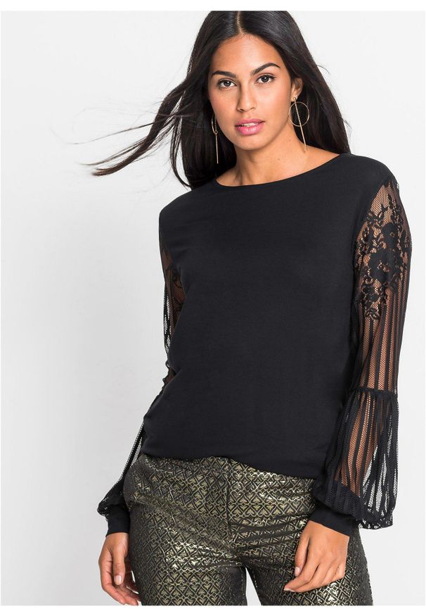 bonprix - Bluzka z długimi rękawami z mieszanki wiskozy. Kolor: czarny. Materiał: wiskoza, koronka. Długość rękawa: długi rękaw. Długość: długie. Wzór: koronka. Styl: elegancki