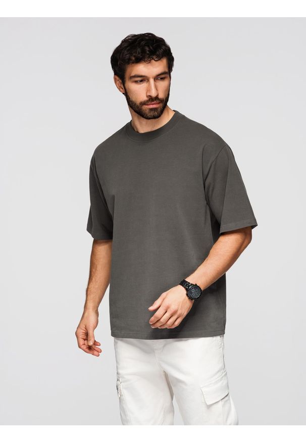 Ombre Clothing - Męski t-shirt bawełniany LOOSE FIT z okrągłym dekoltem – szarozielony V3 - Rozmiar: L. Okazja: na co dzień. Kolor: szary. Materiał: bawełna. Styl: casual, klasyczny
