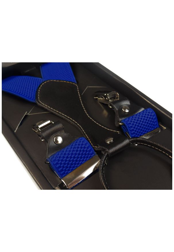 Modini - Niebieskie/Kobaltowe szelki męskie do spodni XL11. Kolor: niebieski. Materiał: skóra, guma