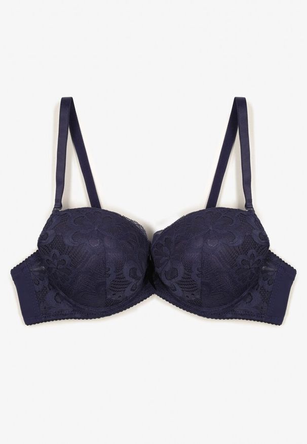 Born2be - Granatowy Biustonosz o Fasonie Push Up Zdobiony Koronką Morgis. Kolor: niebieski. Materiał: koronka. Rodzaj stanika: push-up. Wzór: aplikacja, koronka