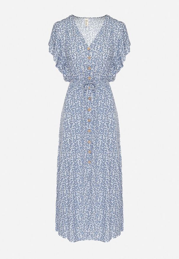 Born2be - Niebieska Bawełniana Sukienka Rozkloszowana w Cętki z Ozdobnymi Guzikami Alulune. Okazja: na co dzień. Typ kołnierza: dekolt w kształcie V. Kolor: niebieski. Materiał: bawełna. Długość rękawa: krótki rękaw. Styl: elegancki, casual