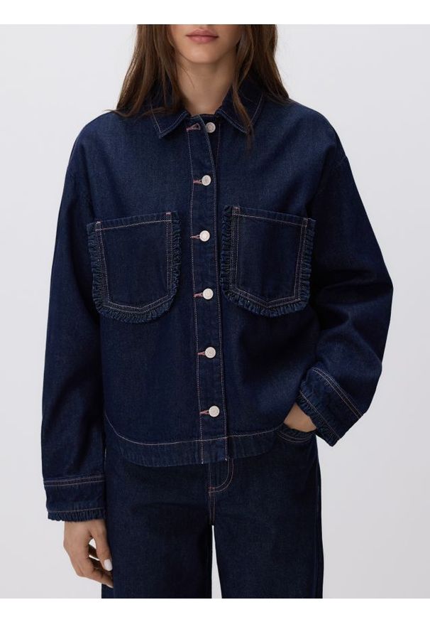 Reserved - Koszula z falbankami - granatowy. Typ kołnierza: kołnierz z falbankami. Kolor: niebieski. Materiał: bawełna, tkanina