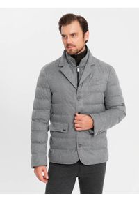 Ombre Clothing - Kurtka męska o kroju marynarki z podpinką – szara V1. Kolor: czarny. Materiał: syntetyk, materiał. Wzór: melanż. Styl: elegancki #4