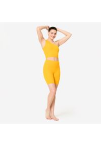 DOMYOS - Koszulka fitness damska Domyos bez rękawów. Kolor: żółty, pomarańczowy, wielokolorowy. Materiał: materiał, poliamid, elastan. Długość rękawa: bez rękawów. Długość: krótkie. Wzór: ze splotem. Sport: fitness