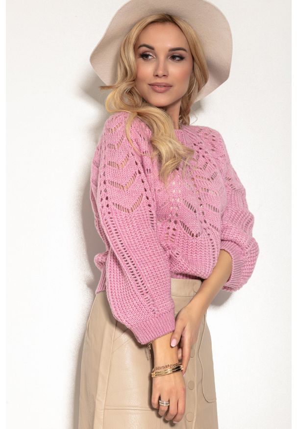 Fobya - Ażurowy Sweter z Bufiastym Rękawem - Różowy. Kolor: różowy. Materiał: wełna, poliester, akryl, poliamid. Wzór: ażurowy