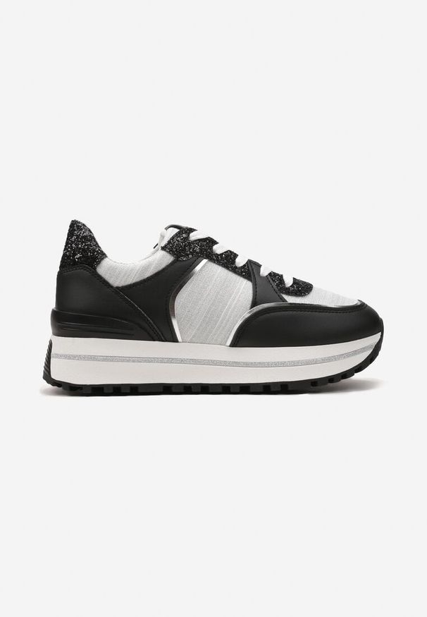Born2be - Czarno-Białe Sneakersy na Grubej Podeszwie Ozdobione Brokatem Niretha. Kolor: czarny. Materiał: jeans. Wzór: aplikacja. Obcas: na platformie