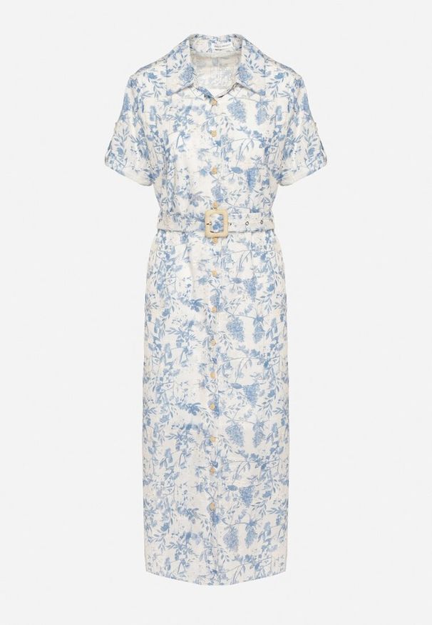 Born2be - Jasnoniebieska Sukienka o Koszulowym Kroju z Paskiem i Haftem Redianna. Okazja: na co dzień, na spotkanie biznesowe. Typ kołnierza: dekolt w serek. Kolor: niebieski. Materiał: poliester. Wzór: haft. Typ sukienki: koszulowe. Styl: biznesowy, casual