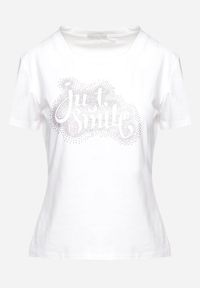 Born2be - Biały T-shirt z Napisem i Cyrkoniami Fareia. Kolor: biały. Materiał: dzianina. Wzór: napisy. Sezon: lato. Styl: klasyczny #4