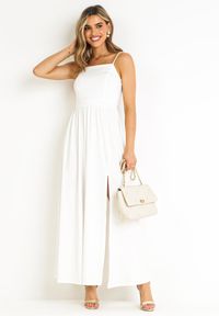 Born2be - Biała Sukienka Maxi na Ramiączkach z Rozcięciem na Dole i Kwadratowym Dekoltem Jacklyn. Typ kołnierza: dekolt kwadratowy. Kolor: biały. Długość rękawa: na ramiączkach. Sezon: wiosna, lato. Długość: maxi #3