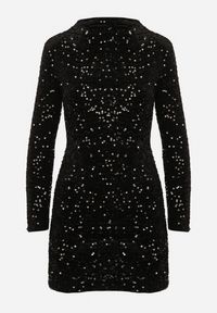 Born2be - Czarna Cekinowa Koktajlowa Sukienka z Usztywnianymi Ramionami Bonida. Kolor: czarny. Długość rękawa: długi rękaw. Wzór: aplikacja. Styl: wizytowy #2