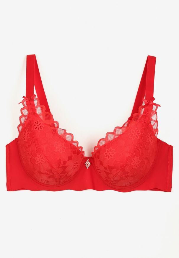 Renee - Czerwony Biustonosz Koronkowy Push-Up na Regulowanych Ramiączkach Moncia. Kolekcja: plus size. Kolor: czerwony. Materiał: koronka. Rodzaj stanika: push-up