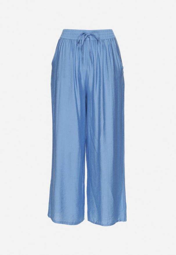 Born2be - Niebieskie Szerokie Spodnie Palazzo z Wysokim Stanem i Wiązaniem Myrlevia. Okazja: na co dzień. Stan: podwyższony. Kolor: niebieski. Styl: klasyczny, casual, elegancki