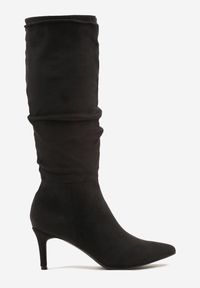 Renee - Czarne Marszczone Kozaki z Imitacji Zamszu na Obcasie Typu Szpilka Rilavira. Okazja: na co dzień. Kolor: czarny. Materiał: zamsz. Obcas: na obcasie. Styl: casual, elegancki. Wysokość obcasa: średni #4