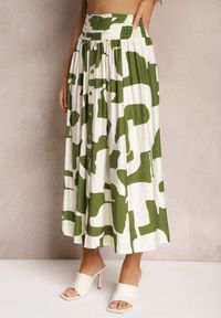 Renee - Zielono-Beżowa Rozkloszowana Spódnica High Waist z Gumką w Talii i Guzikami Tinasshi. Stan: podwyższony. Kolor: zielony. Materiał: tkanina. Sezon: lato
