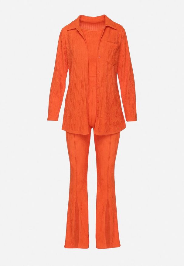 Born2be - Pomarańczowy 3-częściowy Komplet Casual z Plisowanej Tkaniny Spodnie Top i Koszula Farella. Kolor: pomarańczowy. Materiał: tkanina