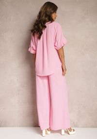 Renee - Różowy Komplet Szerokie Spodnie i Koszula z Falbanami Rivathins. Kolor: różowy