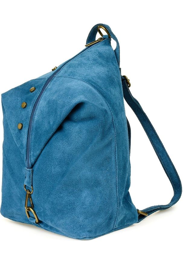 Vera pelle - Vera Pelle Niebieski Włoski Stylowy Plecak Damski Skórzany Zamsz A4 W01. Kolor: niebieski. Materiał: skóra, zamsz. Styl: elegancki