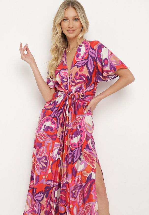 Born2be - Fioletowa Wiskozowa Sukienka z Szerokimi Rękawami i Ozdobnym Węzłem Binamla. Okazja: na co dzień. Typ kołnierza: dekolt w serek. Kolor: fioletowy. Materiał: wiskoza. Sezon: lato. Styl: casual, elegancki