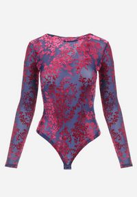 Born2be - Granatowo-Fioletowe Body z Welurowym Wzorem w Kwiaty Zevira. Okazja: na co dzień. Kolor: niebieski. Materiał: welur. Wzór: kwiaty. Styl: casual #2