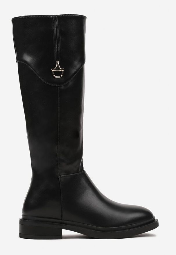 Born2be - Czarne Płaskie Kozaki Ozdobione Metaliczną Aplikacją Teralina. Kolor: czarny. Materiał: jeans. Wzór: aplikacja. Styl: klasyczny, wizytowy, elegancki