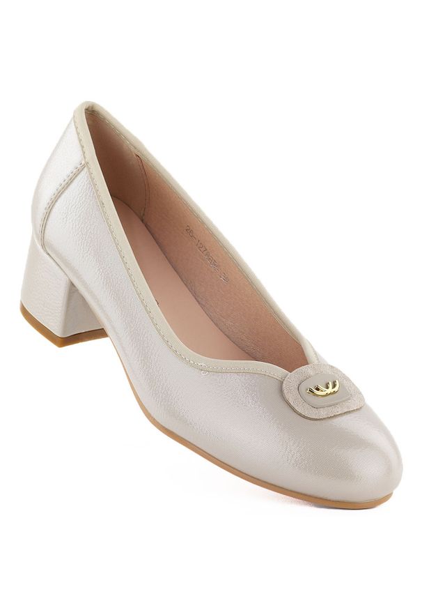 POTOCKI - Czółenka damskie półbuty na klocku beżowe Potocki SZ12788. Kolor: beżowy. Materiał: skóra ekologiczna. Obcas: na obcasie. Wysokość obcasa: średni