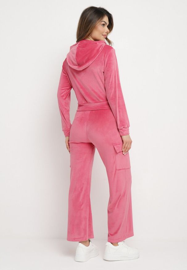 Born2be - Fuksjowy Welurowy Komplet Dresowy Bluza z Kapturem i Szerokie Spodnie Anirle. Kolor: różowy. Materiał: welur, dresówka