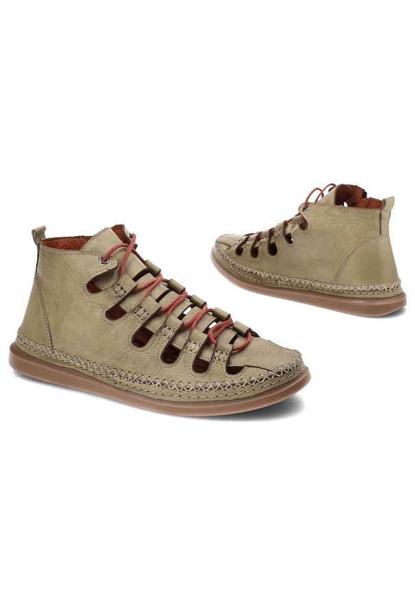 Zielone Botki Artiker Damskie Stylowe Obuwie. Zapięcie: sznurówki. Kolor: zielony. Materiał: skóra. Szerokość cholewki: normalna. Wzór: aplikacja. Styl: elegancki