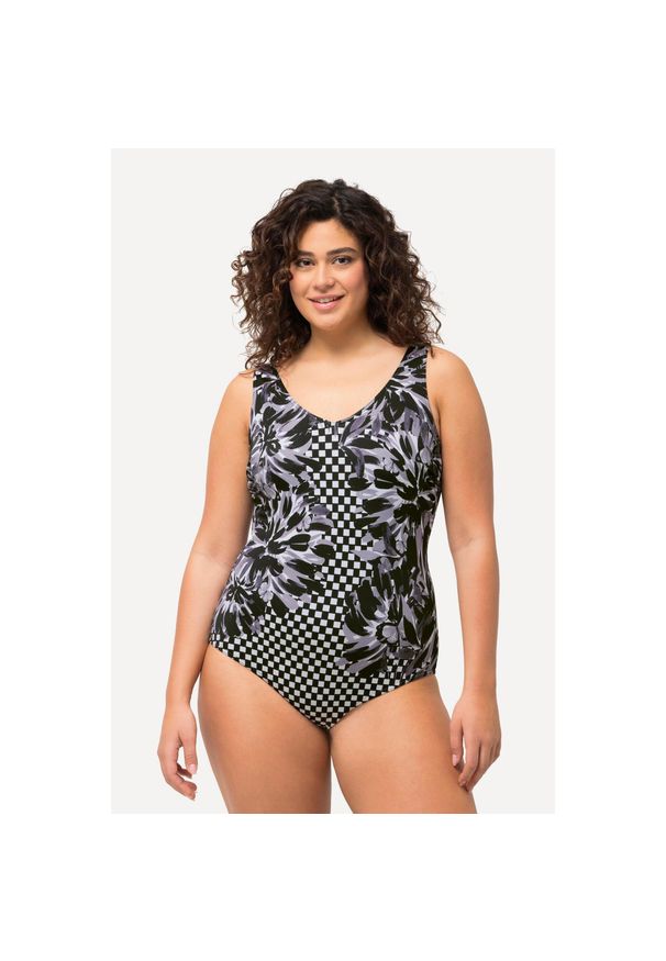 ULLA POPKEN - Damski Kostium kąpielowy nadruk patchworkowy bez miękkich miseczek. Kolekcja: plus size. Kolor: czarny. Materiał: poliester. Wzór: nadruk
