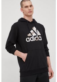 Adidas - adidas bluza męska kolor czarny z kapturem z nadrukiem. Typ kołnierza: kaptur. Kolor: czarny. Materiał: poliester. Wzór: nadruk #3