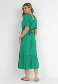 Born2be - Zielona Rozkloszowana Sukienka Maxi z Gumką i Sznurkiem w Talii z Wiskozy Baneta. Okazja: na co dzień. Kolor: zielony. Materiał: wiskoza. Typ sukienki: proste. Styl: casual. Długość: maxi #4