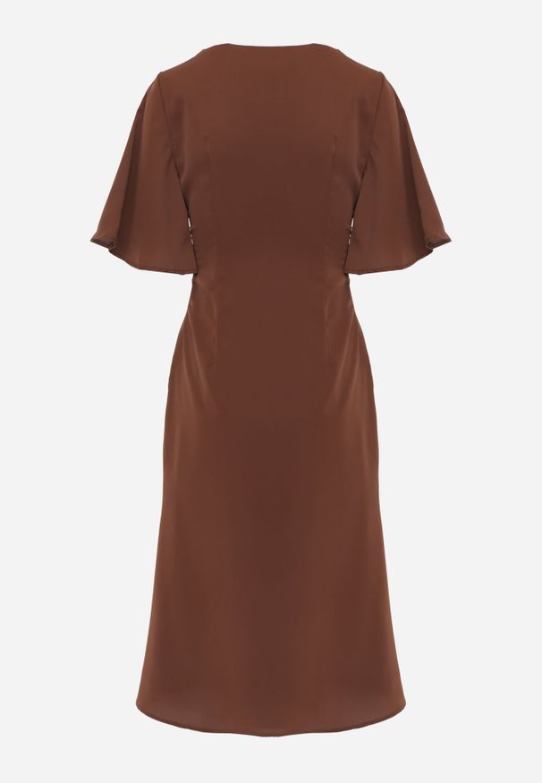 Renee - Brązowa Zwiewna Sukienka Wieczorowa VICES z Aplikacją 3D w Kształcie Kwiatu Themira. Typ kołnierza: dekolt w kształcie V. Kolor: brązowy. Wzór: aplikacja, kwiaty. Styl: wizytowy