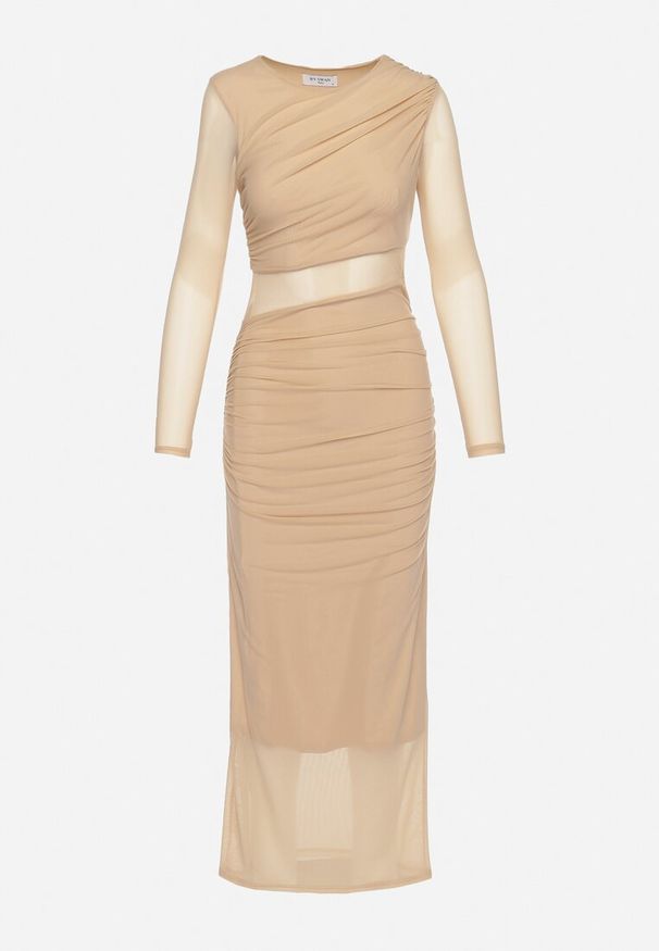 Born2be - Beżowa Dopasowana Sukienka Maxi z Siateczki Stolisse. Okazja: na imprezę. Kolor: beżowy. Materiał: wiskoza. Typ sukienki: proste. Styl: elegancki, klasyczny. Długość: maxi