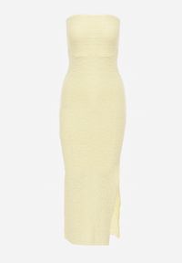 Renee - Żółta Koktajlowa Sukienka Bandeau z Bawełnianej Koronki z Rozcięciem na Nogę Manore. Typ kołnierza: dekolt w łódkę. Kolor: żółty. Materiał: bawełna, koronka. Długość rękawa: bez ramiączek. Wzór: koronka. Sezon: lato. Typ sukienki: dopasowane. Styl: wizytowy #3