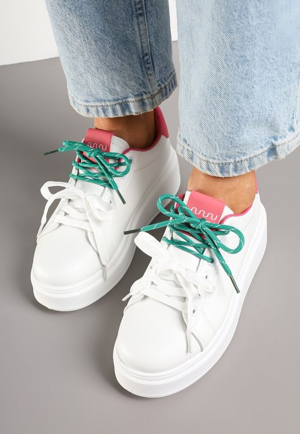 Born2be - Biało-Różowe Sneakersy Ozdobione Podwójnym Wiązaniem Zdivane. Kolor: biały. Wzór: aplikacja