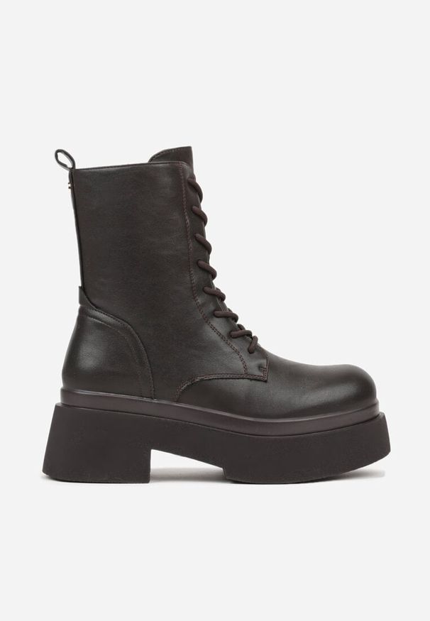 Renee - Brązowe Botki Workery na Platformie Tusella. Okazja: na imprezę, na co dzień. Kolor: brązowy. Materiał: jeans. Sezon: zima. Obcas: na platformie. Styl: casual