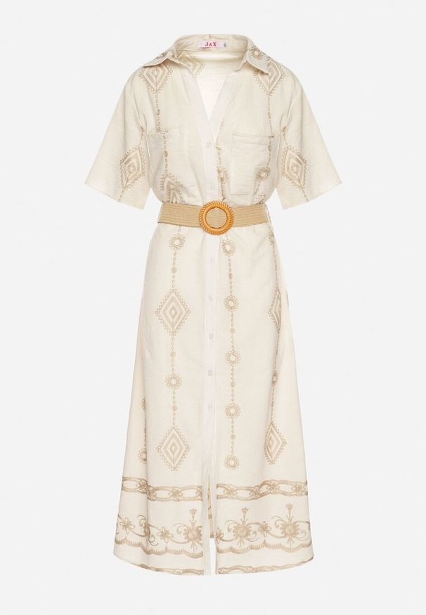 Born2be - Beżowa Bawełniana Sukienka Koszulowa z Ozdobnym Paskiem i Haftem Evialisse. Okazja: na imprezę, na co dzień. Kolor: beżowy. Materiał: bawełna. Wzór: haft. Typ sukienki: koszulowe. Styl: casual, elegancki