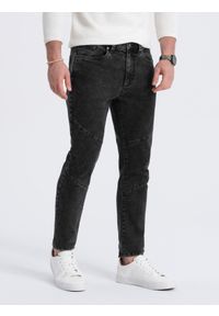 Ombre Clothing - Spodnie męskie jeansowe slim fit z przeszyciem na kolanach - czarne V2 OM-PADP-0109 - XXL. Kolor: czarny. Materiał: jeans. Wzór: aplikacja #3