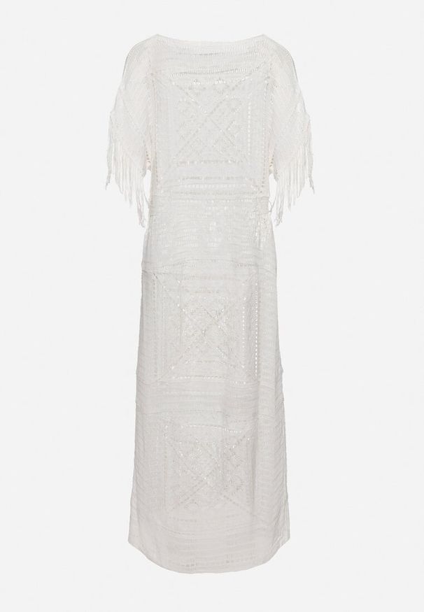 Born2be - Biała Pudełkowa Sukienka Maxi z Szydełkowej Tkaniny z Frędzelkami Sasori. Okazja: na co dzień. Kolor: biały. Materiał: tkanina. Długość rękawa: krótki rękaw. Styl: casual. Długość: maxi