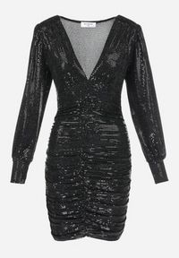 Born2be - Czarna Sukienka z Cekinami i Drapowaniem Nole. Okazja: na co dzień. Typ kołnierza: dekolt w kształcie V. Kolor: czarny. Materiał: skóra, wiskoza. Styl: casual, elegancki #2