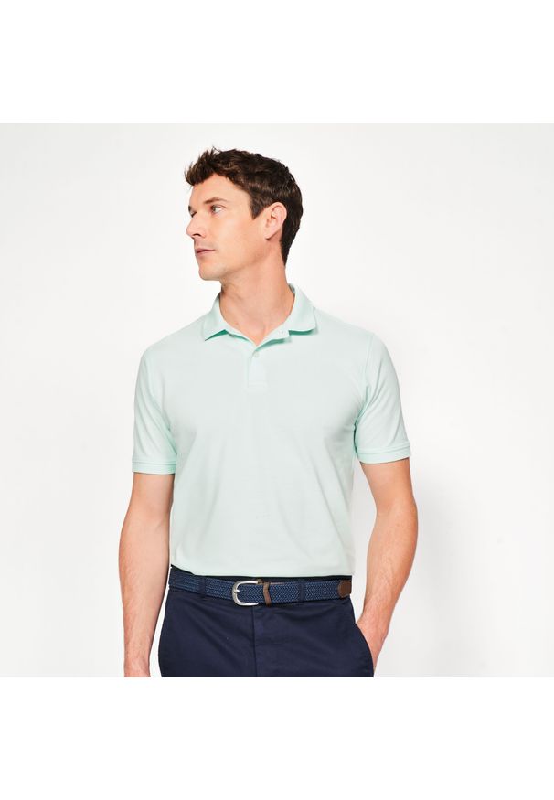 INESIS - Koszulka polo do golfa z krótkim rękawem męska Inesis MW500. Typ kołnierza: golf, polo. Kolor: wielokolorowy, niebieski, zielony. Materiał: bawełna, materiał, poliester. Długość rękawa: krótki rękaw. Długość: krótkie. Wzór: ze splotem. Styl: klasyczny