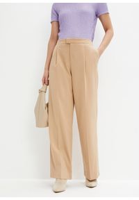 bonprix - Szerokie spodnie z zakładkami. Kolor: beżowy. Materiał: poliester. Styl: elegancki #1