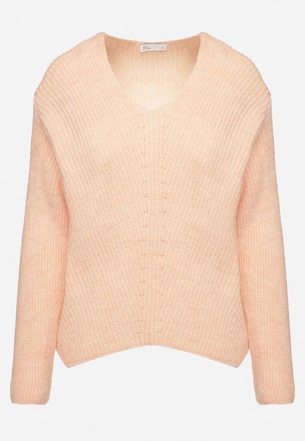 Born2be - Jasnoróżowy Klasyczny Sweter z Dekoltem w Serek Eloma. Okazja: na co dzień. Typ kołnierza: dekolt w serek. Kolor: różowy. Materiał: jeans. Styl: klasyczny