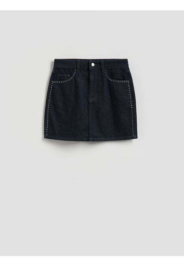 Reserved - Spódnica z aplikacją - granatowy. Kolor: niebieski. Materiał: tkanina, bawełna. Wzór: aplikacja