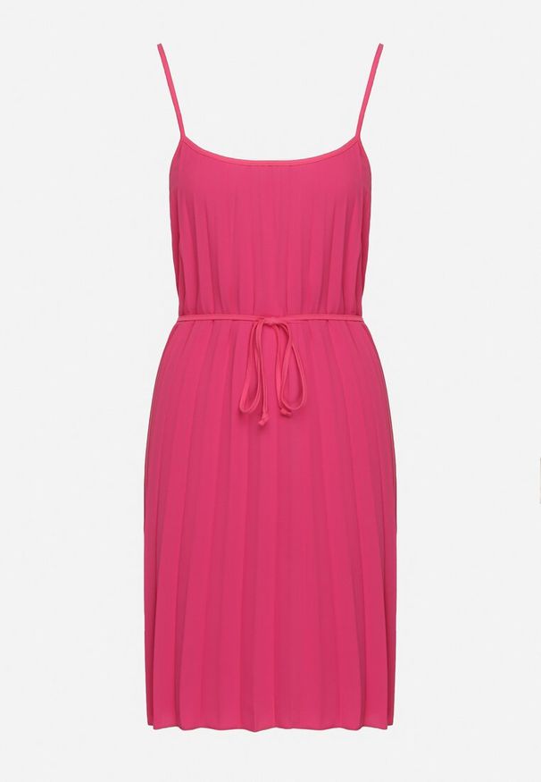 Born2be - Fuksjowa Sukienka z Regulowanymi Ramiączkami z Materiałowym Paskiem Liata. Okazja: na spacer, na imprezę. Typ kołnierza: dekolt w kształcie V. Kolor: różowy. Materiał: materiał. Długość rękawa: na ramiączkach. Sezon: lato