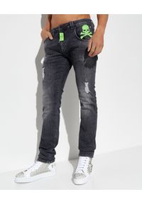 Philipp Plein - PHILIPP PLEIN - Ciemnoszare spodnie jeansowe Straight Super Cut. Kolor: szary. Wzór: haft, aplikacja. Styl: klasyczny