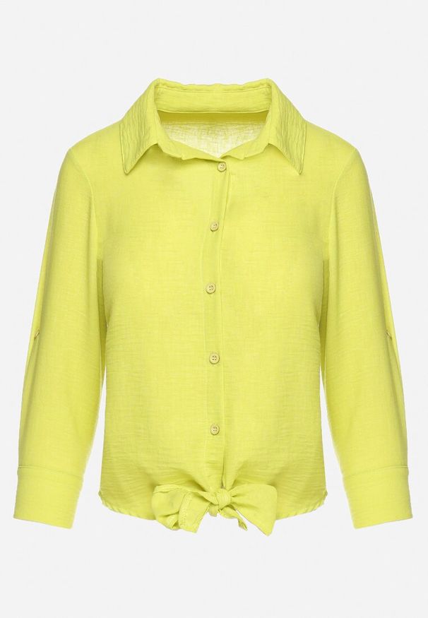 Born2be - Jasnozielona Koszula Zapinana na Guziki Wiązana na Dole z Podpinanymi Rękawami Ranestia. Okazja: na co dzień, na spotkanie biznesowe. Typ kołnierza: kołnierzyk klasyczny. Kolor: zielony. Styl: casual, klasyczny, biznesowy