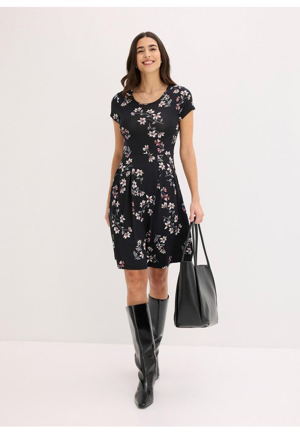 bonprix - Sukienka z dżerseju z mieszanki wiskozy. Kolor: czarny. Materiał: jersey, wiskoza. Długość rękawa: krótki rękaw. Wzór: nadruk, paski, gładki, grochy. Sezon: lato